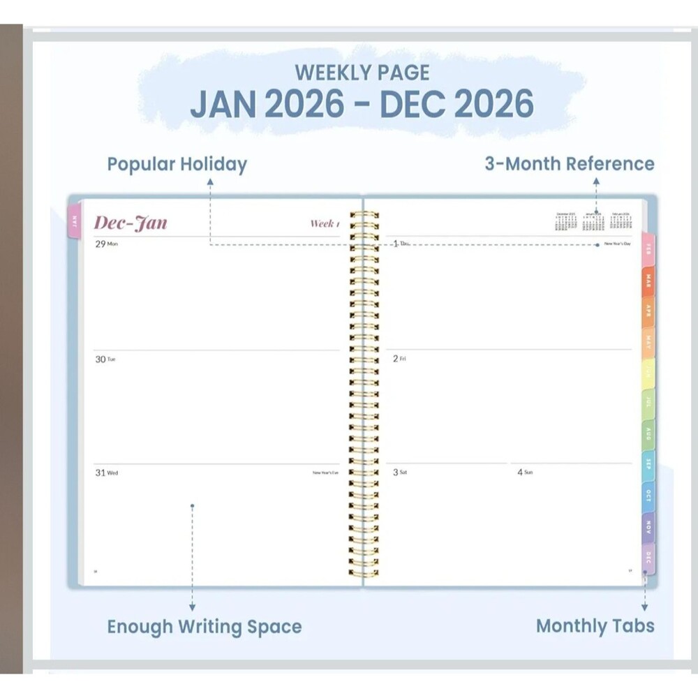 2026 Planner Weekly/Monthly Jan-Dec Monthly Agenda w/ Tabs - Blue - Picture 4 of 6
